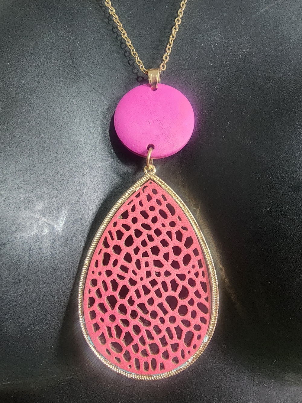 Tonya Creations Pink Filigree Teardrop Statement Necklace Long Layer Gold Tone
